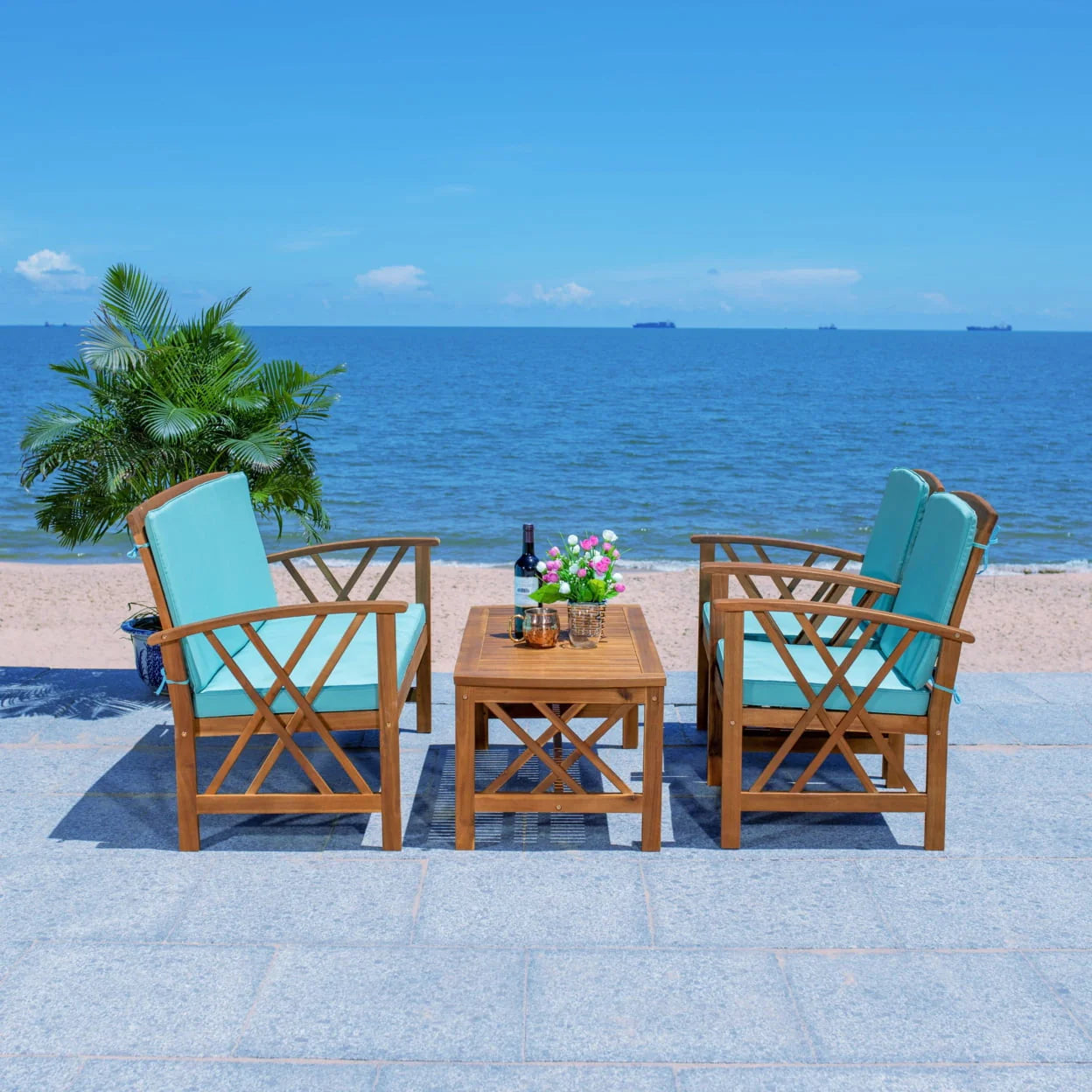 SAFAVIEH Outdoor Collection Fontana 4-Piece Patio Set Aqua Cushion