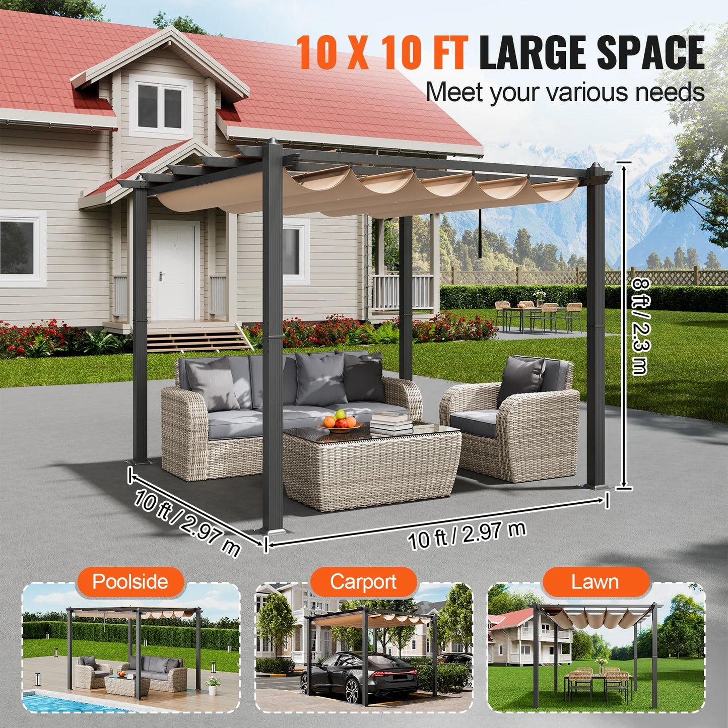KFFKFF 10'x10' Outdoor Aluminum Pergola with Adjustable Canopy, Modern Design with Sunshade for Patios, Gardens, Decks, and Backyards (Beige)