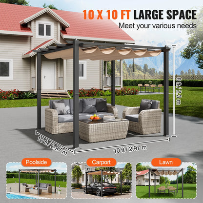 KFFKFF 10'x10' Outdoor Aluminum Pergola with Adjustable Canopy, Modern Design with Sunshade for Patios, Gardens, Decks, and Backyards (Beige)