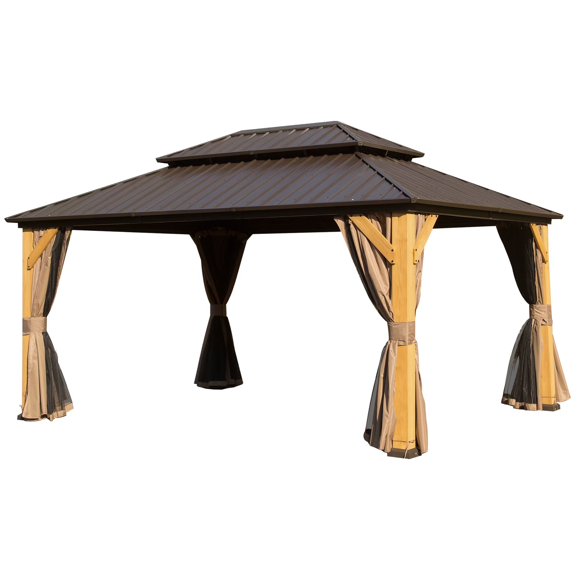 Mondawe 12'x20' Hardtop Gazebo, Outdoor Cedar Wood Frame Canopy with Galvanized Steel Double Roof, Outdoor Permanent Metal Pavilion with Curtains and Netting for Patio, Backyard and Lawn(Brown)