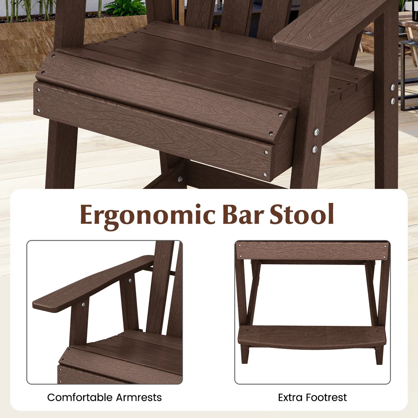 Costway 2 PCS Tall Bar Stool HDPE Patio Chair with Armrest Footrest Home Indoor Outdoor Brown