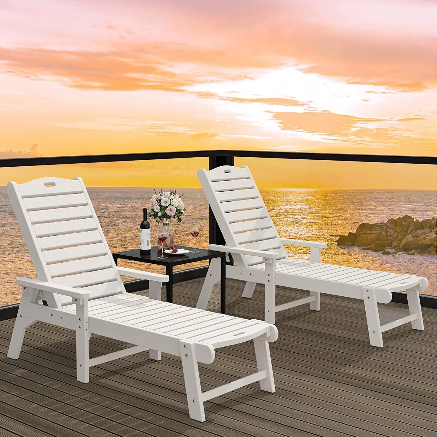 Dextrus Outdoor Chaise Lounge Chair with Wide Armrest and Adjustable Backrest, Waterproof Resin Patio Lounger with 350lbs Capacity