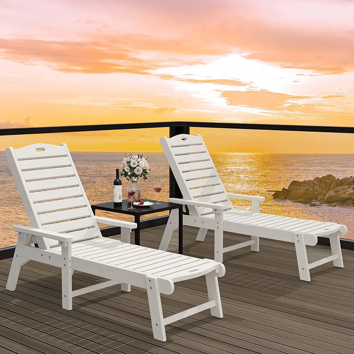 Dextrus Outdoor Chaise Lounge Chair with Wide Armrest and Adjustable Backrest, Waterproof Resin Patio Lounger with 350lbs Capacity