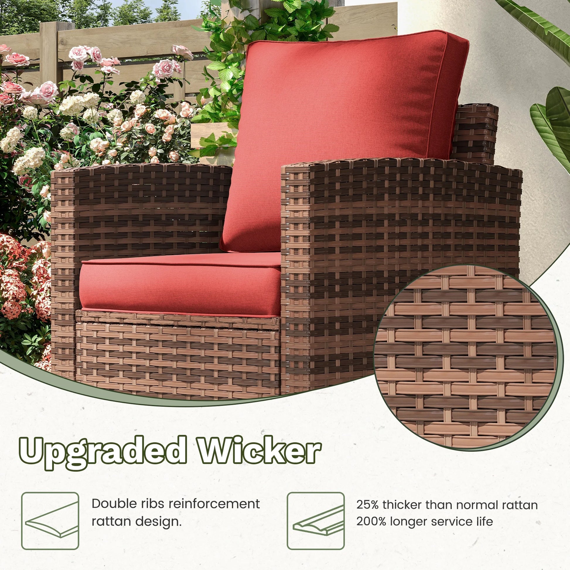 POTEBAN Patio Furniture Set, 7 Pieces Outdoor Sectional Sofa Couch with Chairs, Ottomans and Comfy Cushions, All Weather Wicker Rattan Patio Conversation Set for Garden Backyard Wine Red