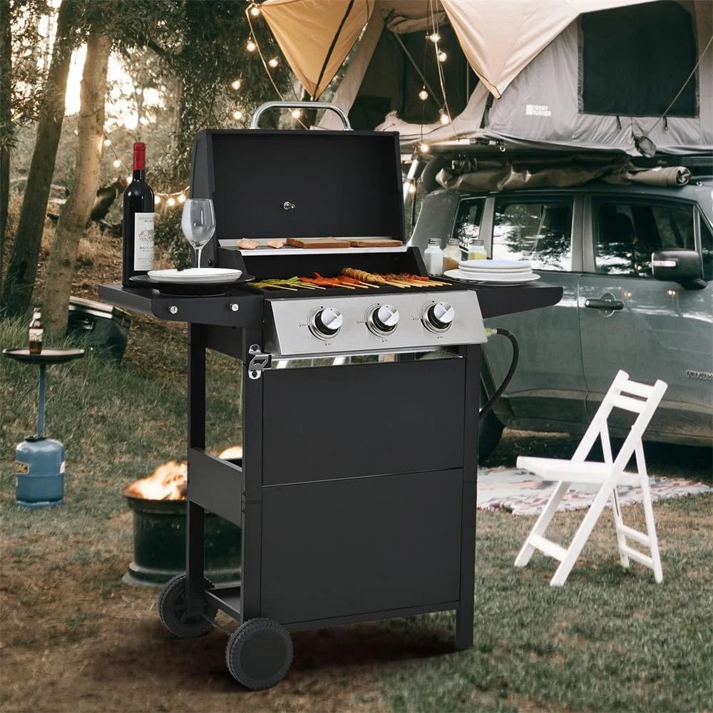 Highsound 3 Burner BBQ Propane Gas Grill, Stainless Steel 25650 BTU Patio Garden Barbecue Grill with Thermometer, Black