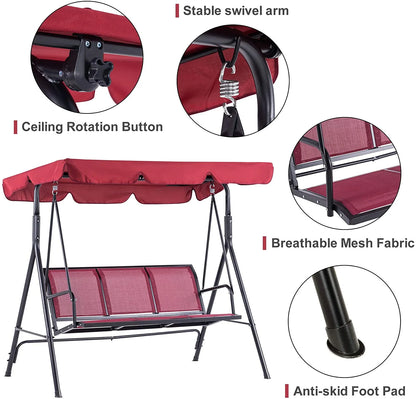 Mcombo Outdoor 3 Person Patio Canopy Swing Chair, Porch Swing, Burgundy