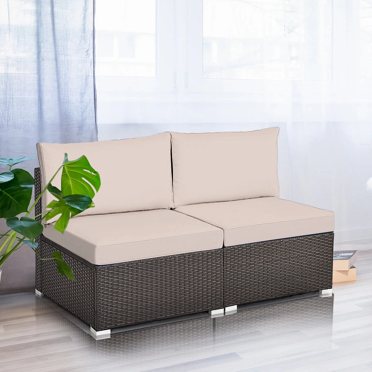 Costway 2PCS Patio Rattan Armless Sofa Sectional Furniture Brown Cushion