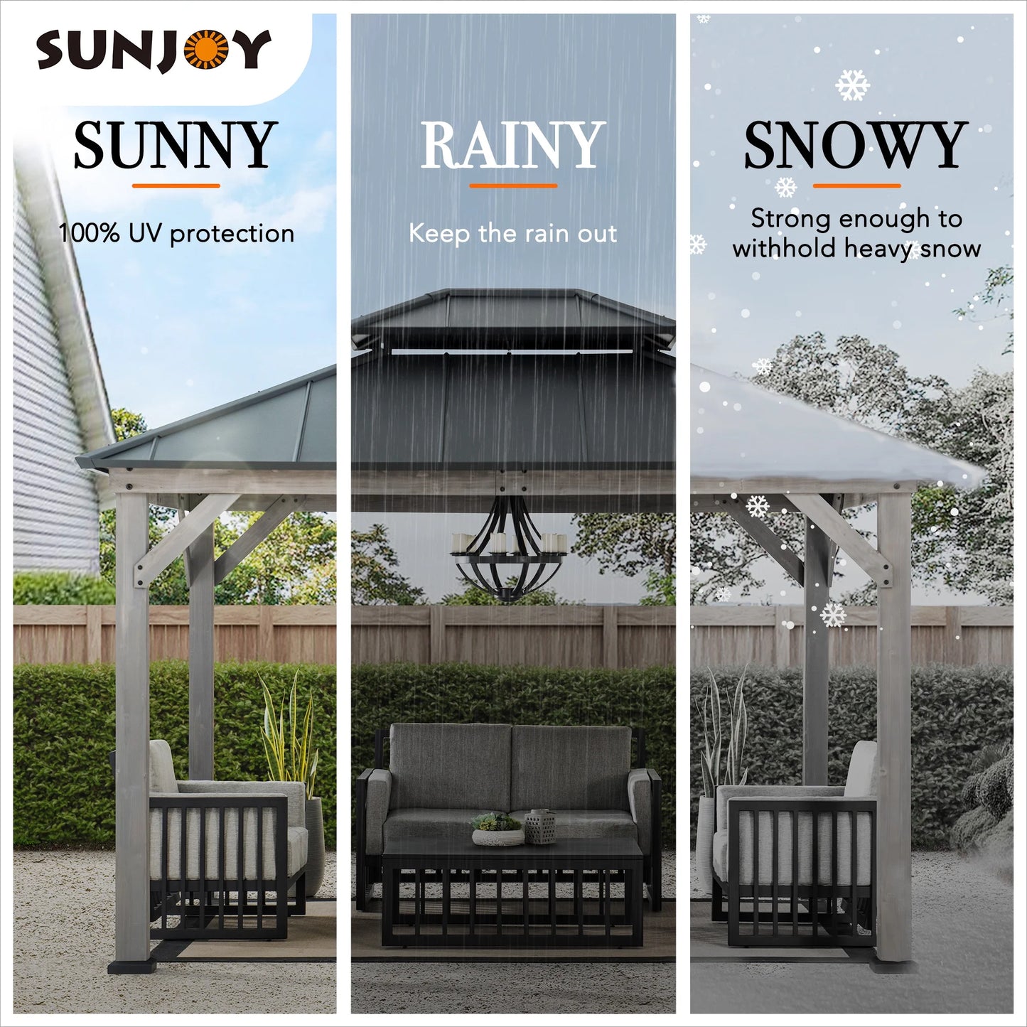 SUNJOY 10 x 12 ft. Wood Gazebo, Outdoor Patio Steel Hardtop Gazebo, Cedar Framed Wooden Gazebo with 2-Tier Metal Roof, Suitable for Patios, Lawn and Backyard, Matte Black Roof + Gray Wood Frame