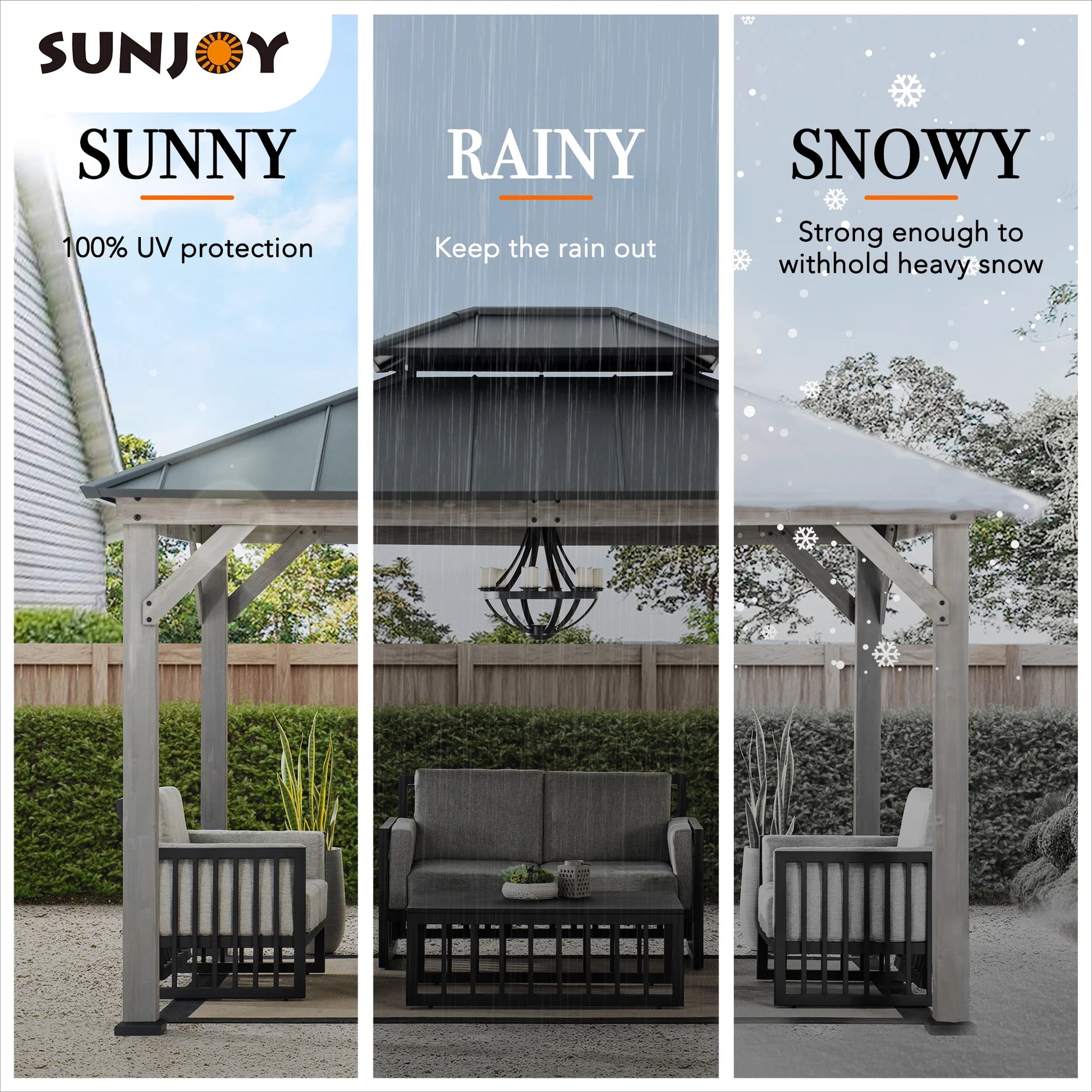 SUNJOY 10 x 12 ft. Wood Gazebo, Outdoor Patio Steel Hardtop Gazebo, Cedar Framed Wooden Gazebo with 2-Tier Metal Roof, Suitable for Patios, Lawn and Backyard, Matte Black Roof + Gray Wood Frame