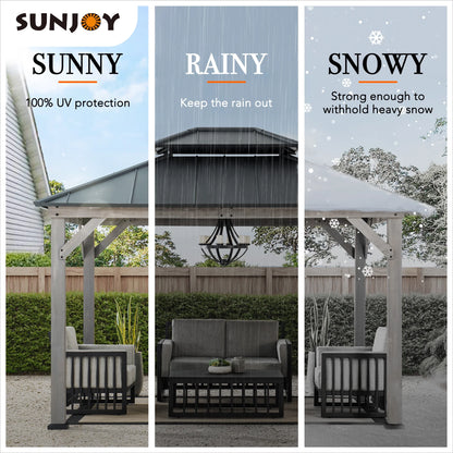 SUNJOY 10 x 12 ft. Wood Gazebo, Outdoor Patio Steel Hardtop Gazebo, Cedar Framed Wooden Gazebo with 2-Tier Metal Roof, Suitable for Patios, Lawn and Backyard, Matte Black Roof + Gray Wood Frame
