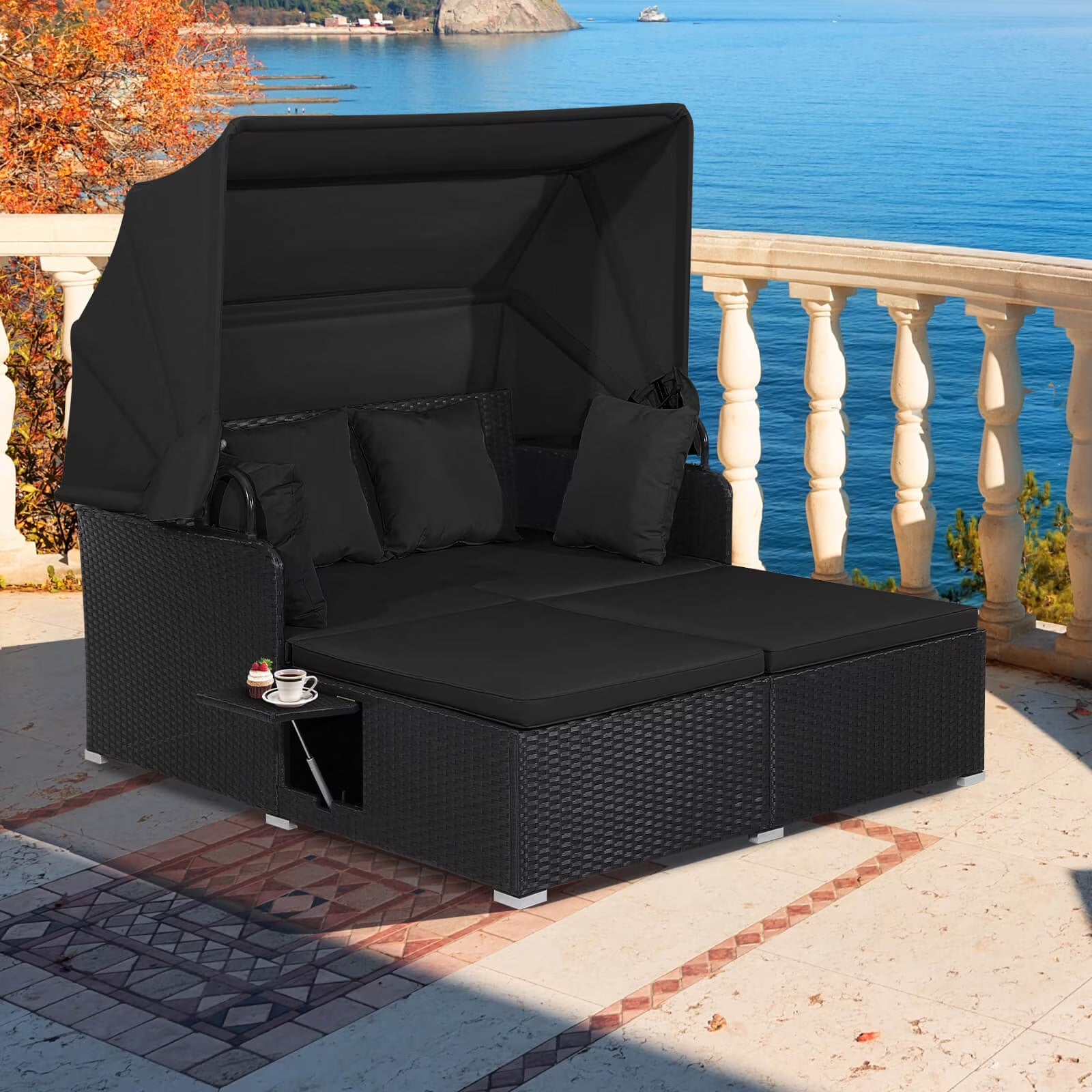 Costway Patio Rattan Daybed Lounge Retractable Top Canopy Side Tables Cushions Red