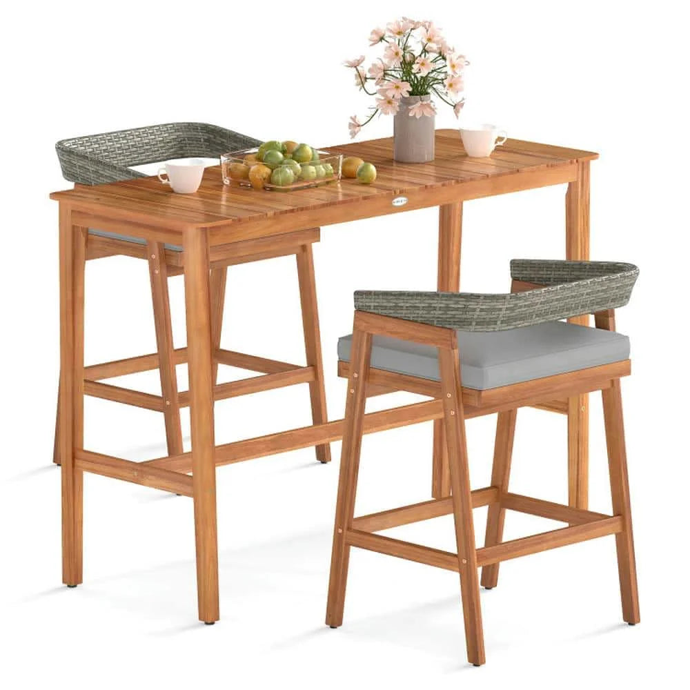 Demifill Acacia Wood Counter Height Table, Patio Bar Furniture with Slatted Tabletop and Footrest Crossbar for Outdoor as Garden, Backyard, Porch, Brown