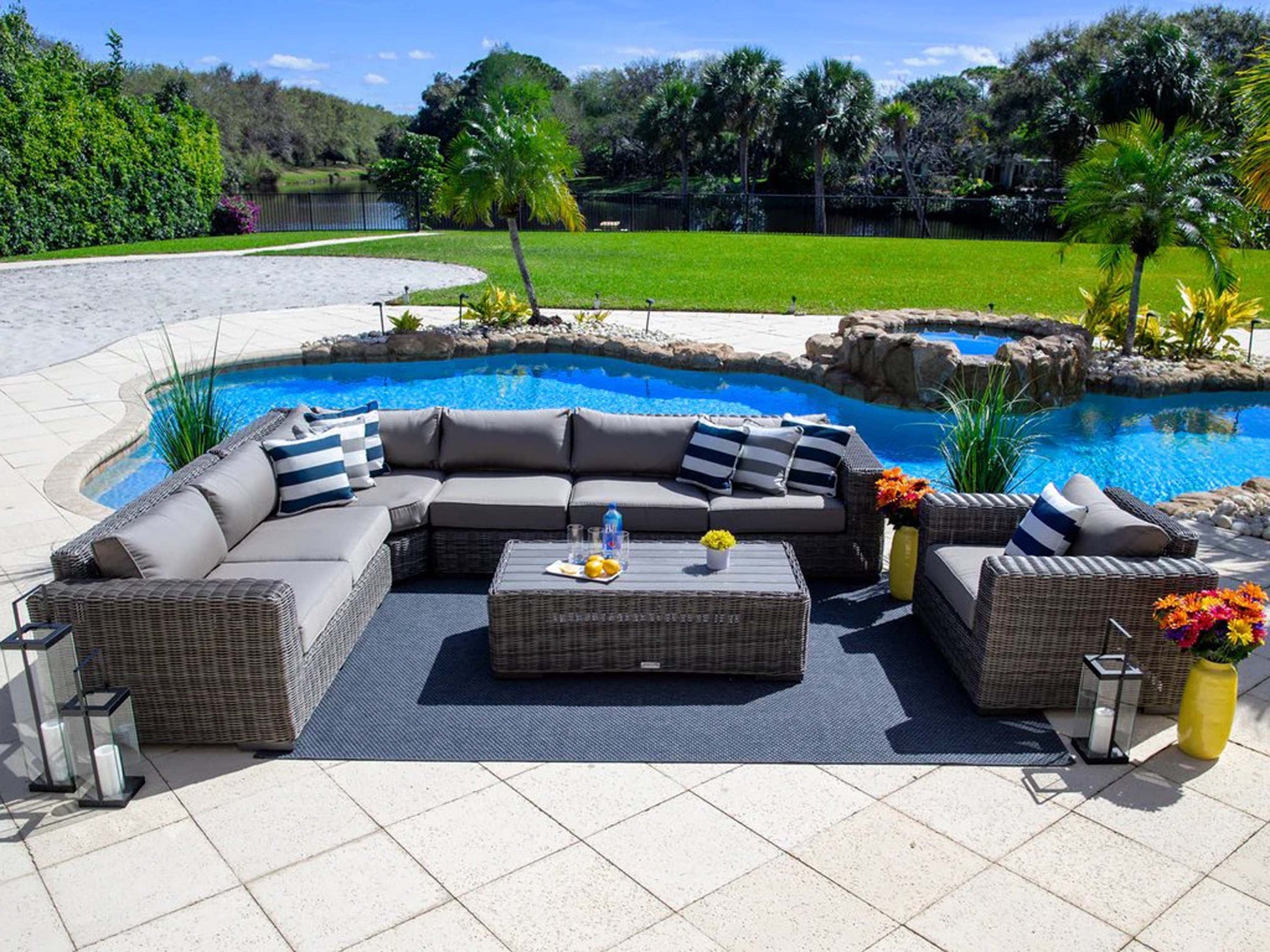 Malmo 18-Piece Resin Wicker Outdoor Patio Furniture Combination Set in Gray w/Sectional Set, Eight-seat Dining Set, and Chaise Lounge Set (Full-Round Gray Wicker, Polyester Light Gray)