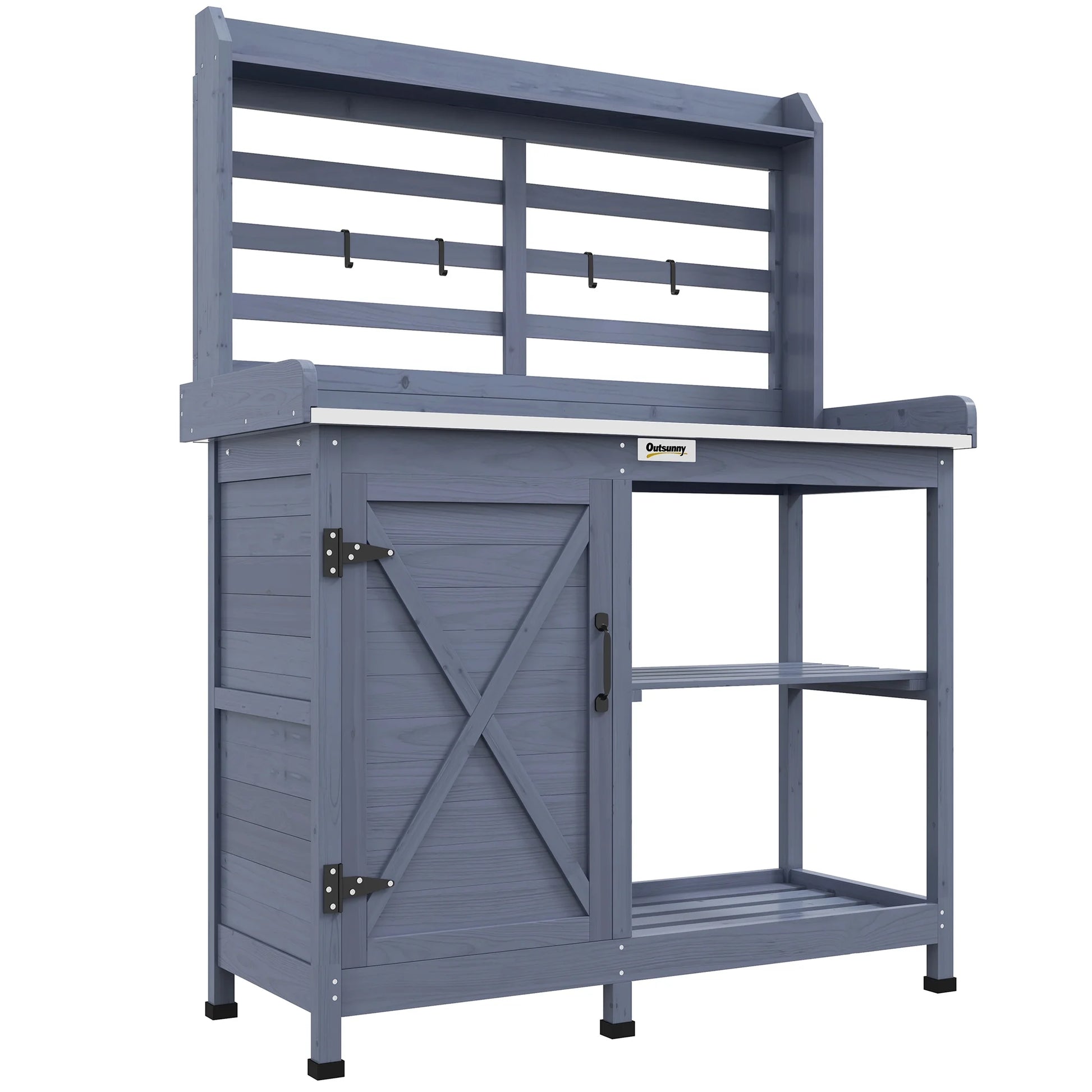 Outsunny Wooden Potting Bench, Outdoor Potting Table with Storage Cabinet, Storage Shelves, Sink, Water Tap for Backyard, Patio, Balcony, Gray