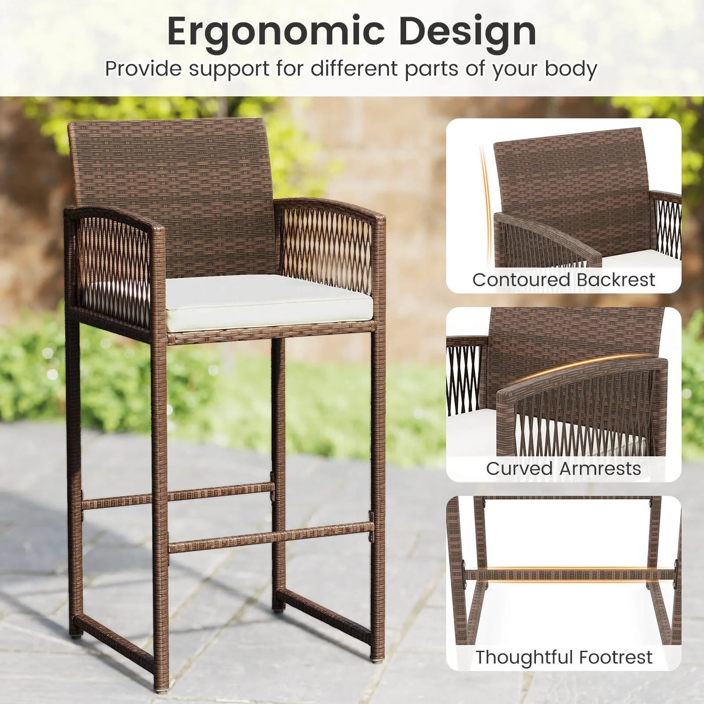 Costway Patio Bar Stools Set of 2 PE Rattan Bar Height Chairs with Backrests & Armrests