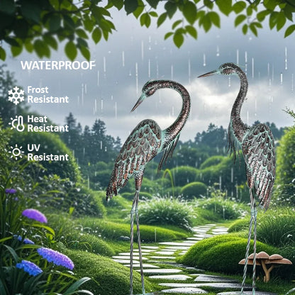 Garden Crane Statues, Standing Metal Patina Heron Decoy Outdoor Statue, 42-46 Inch Bird Yard Art for Patio Lawn Pond, Set of 2