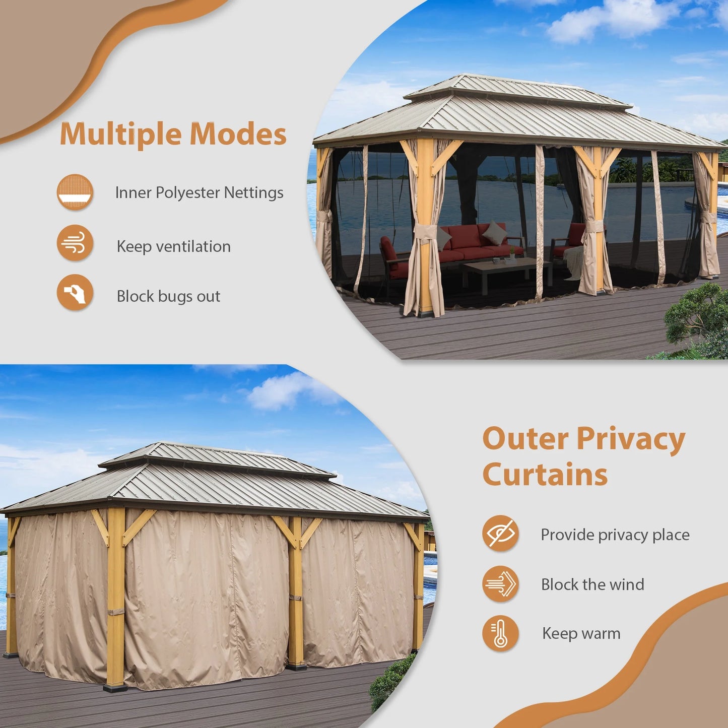 Domi 12x20 ft Wood Gazebo, Cedar Wood Frame Hardtop Gazebo with Galvanized Steel Double Roof, Outdoor Gazebo with Netting and Curtains, Patio Gazebo Pergola Pavilion for Patio, Backyard, Deck, Lawns