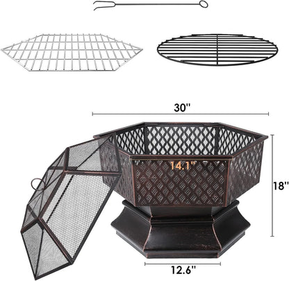 Arlopu 30'' Hex Shaped Steel Fire Pit for Outside, Wood Burning Fireplace Fire Bowl with Spark Screen & Fire Poker for Patio, Backyard, Camping