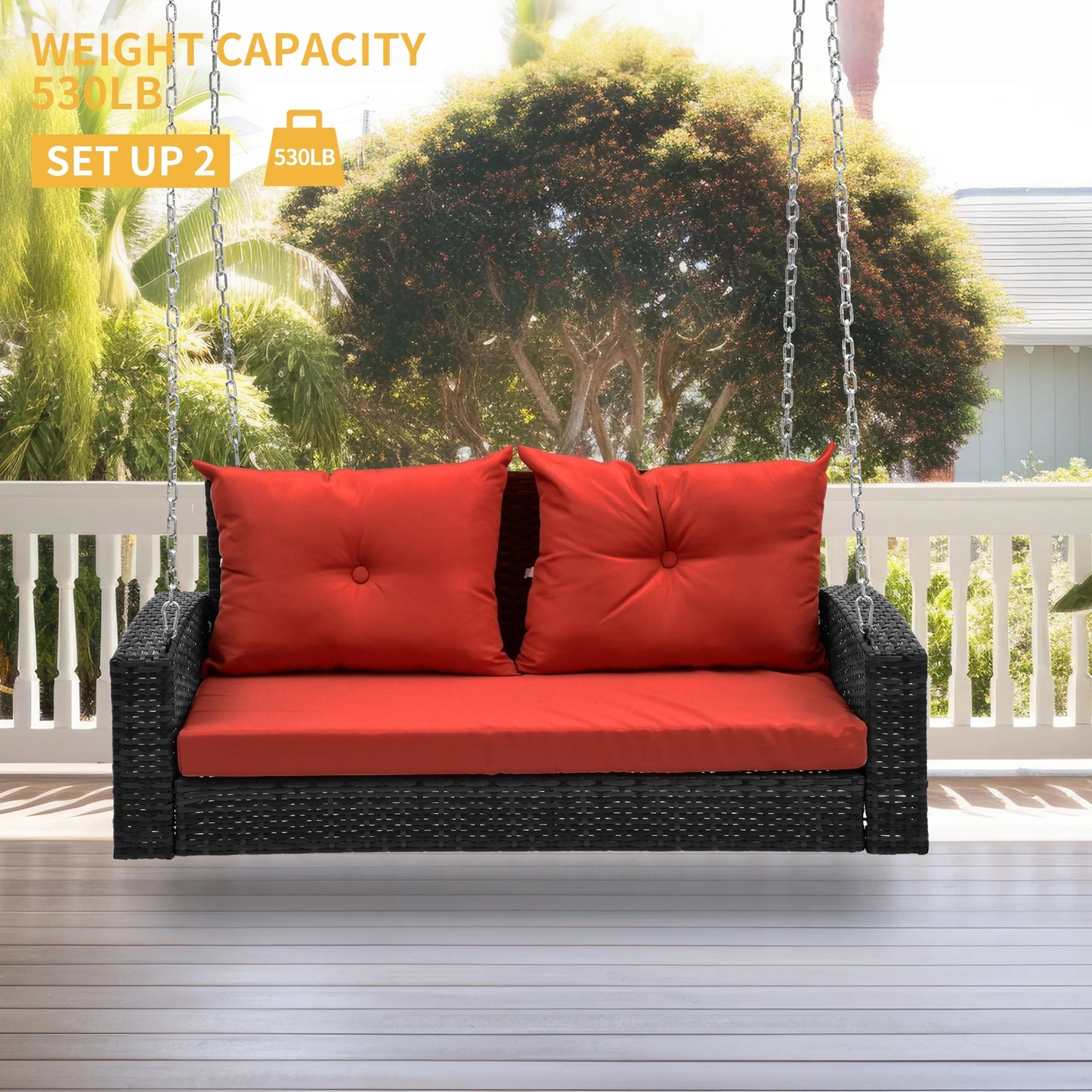 Dextrus 2-Seats Wicker Hanging Porch Swing Chair Outdoor Black Rattan Patio Swing Lounge w/2 Back Cushions Capacity 770lbs for Garden, Balcony, Living Room, Red