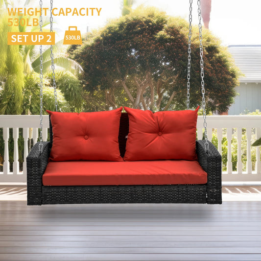 Dextrus 2-Seats Wicker Hanging Porch Swing Chair Outdoor Black Rattan Patio Swing Lounge w/2 Back Cushions Capacity 770lbs for Garden, Balcony, Living Room, Red