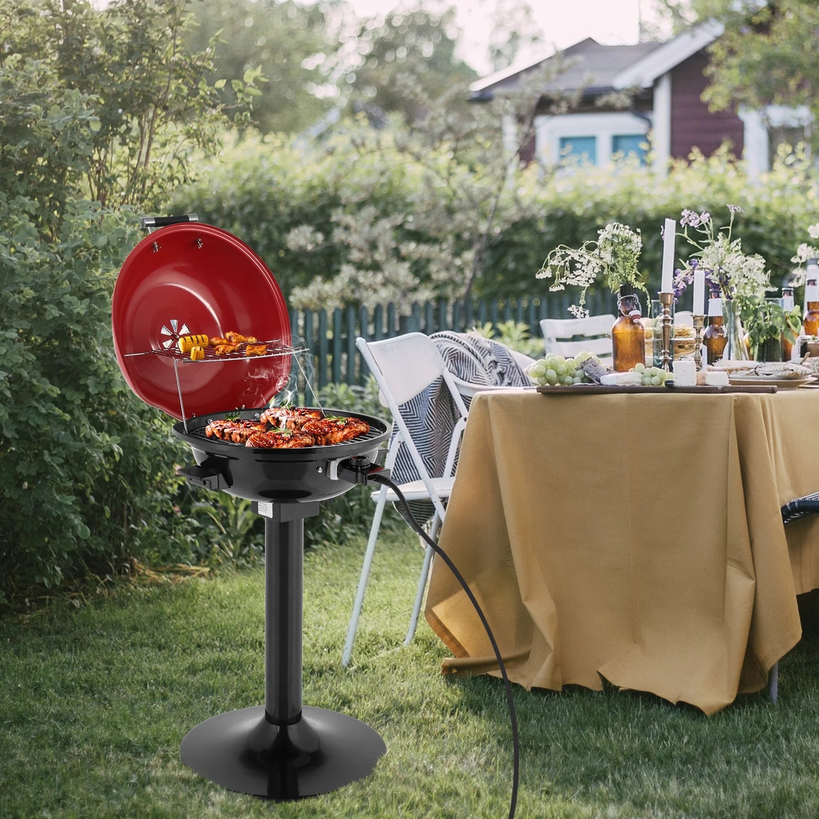 1600W Double Layer Electric BBQ Grill with Stand, Portable Indoor Outdoor Grill for Patio Balcony Camping, Non-Stick Red Grill