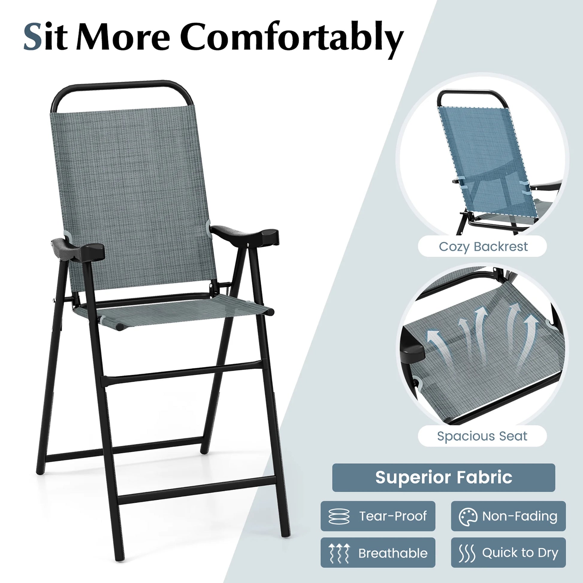 Gymax 4 PCS Patio Bar Chair Folding Bar Height Metal Frame w/Footrest Garden Blue