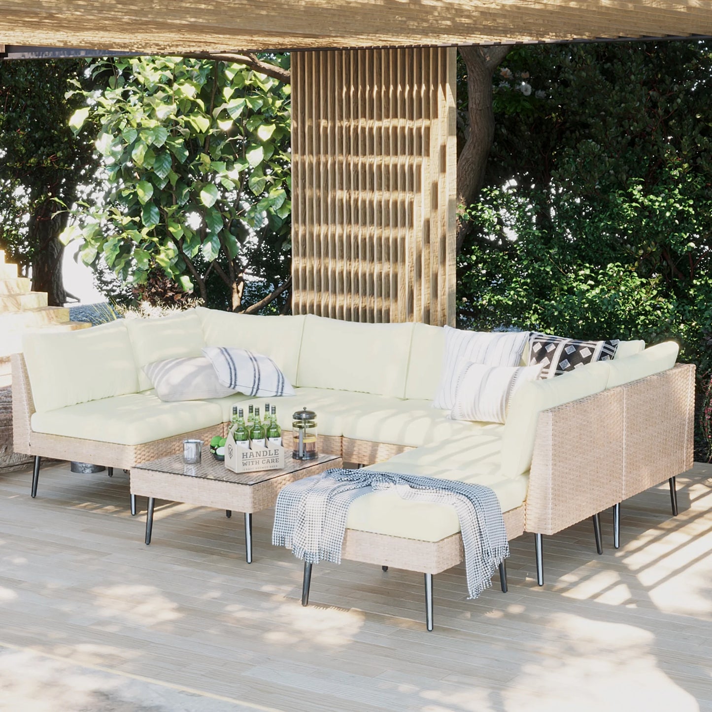 ENSTVER 8-Piece Wicker Outdoor sectional Patio Furniture Set with Additional Waterproof Cover, Conversation Patio Furniture with Washable Thick Cushions for Garden, Backyard, Poolside