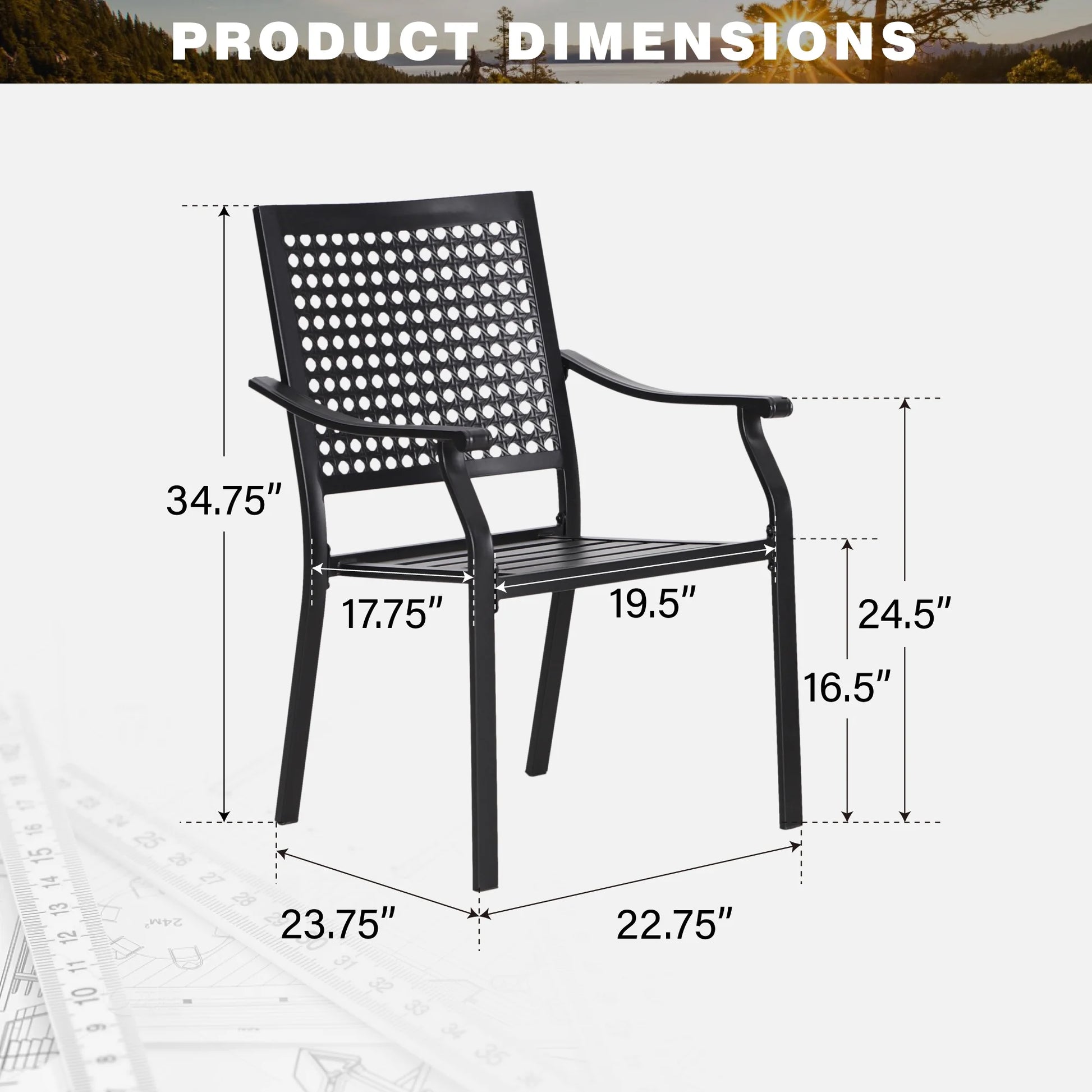 Summit Living 2-Piece Outdoor Patio Dining Chairs, Large Metal Stackable Armchairs (Weight Capacity 350 lbs), Black