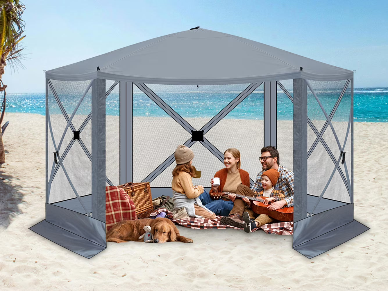 12FT x 12FT Heavy Duty Canopy Tent w/Mosquito Netting, Pop up Canopy with Mesh Sidewalls, Patio Tent with Carry Bag, Easy up Screen Canopy for Parties Camping, Gray