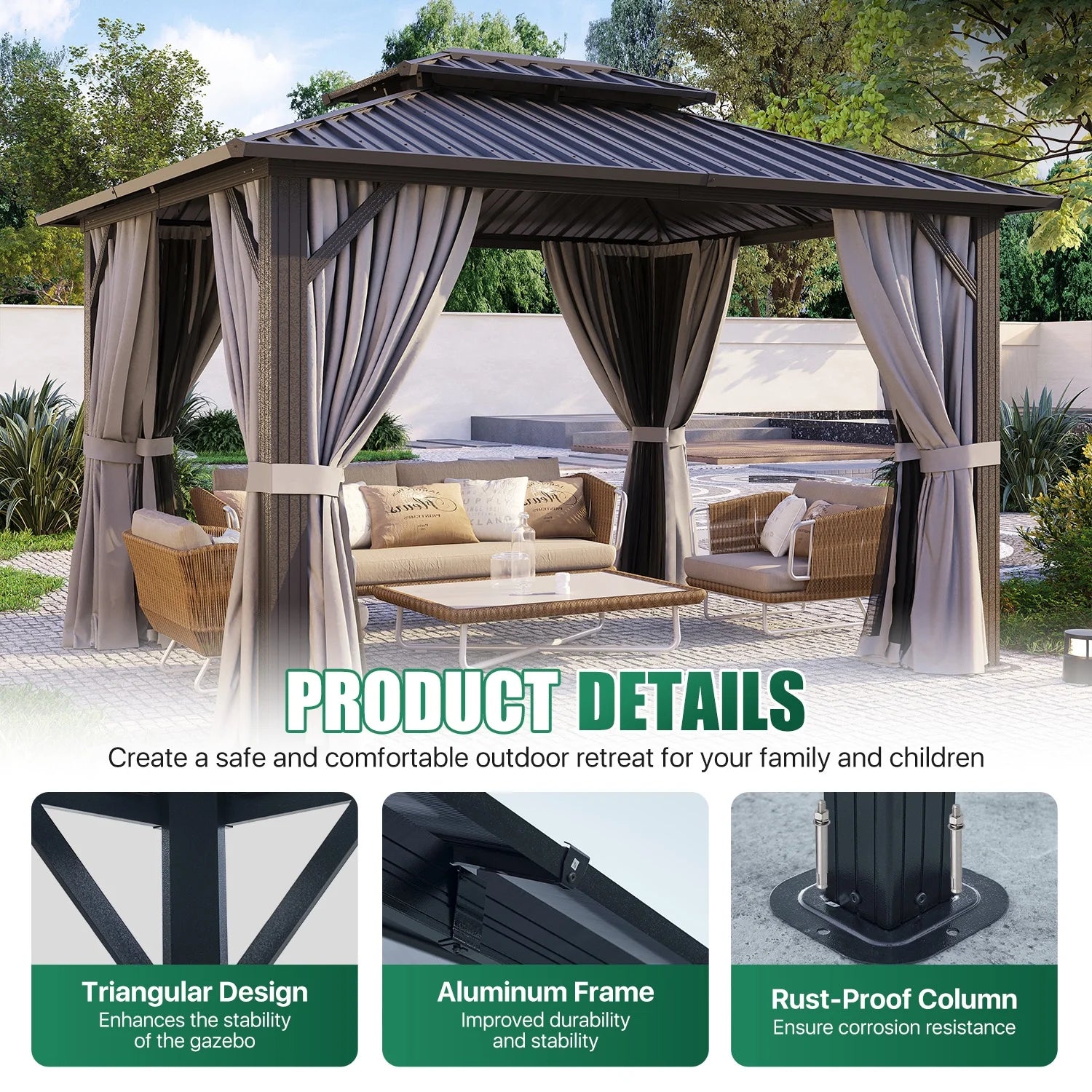 Clouddwell 10' x 12' Gazebo for Patio, Gazebo Pergola with Sloped Roof, Large Wall-Mounted Heavy Duty Awnings, for Deck, Patio and Backyard