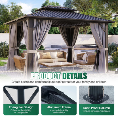 Clouddwell 10' x 12' Gazebo for Patio, Gazebo Pergola with Sloped Roof, Large Wall-Mounted Heavy Duty Awnings, for Deck, Patio and Backyard
