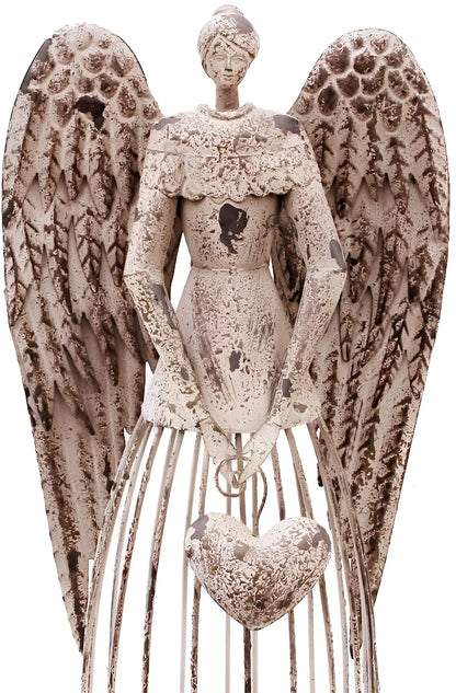Antiqued Metal Garden Angel Statue with Heart, Indoor Outdoor Angel Yard Art Decor Lawn Patio Decorations Holiday Decor Garden Gift Idea, 32° F (Heart)