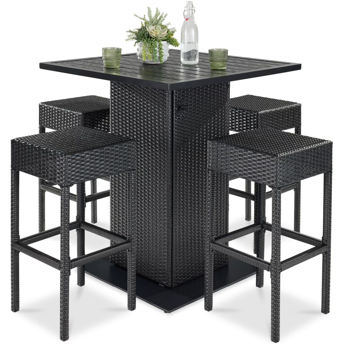Best Choice Products 5-Piece Patio Wicker Bar Set w/Built-In Bottle Opener, Hidden Storage Shelf, 4 Stools - Brown