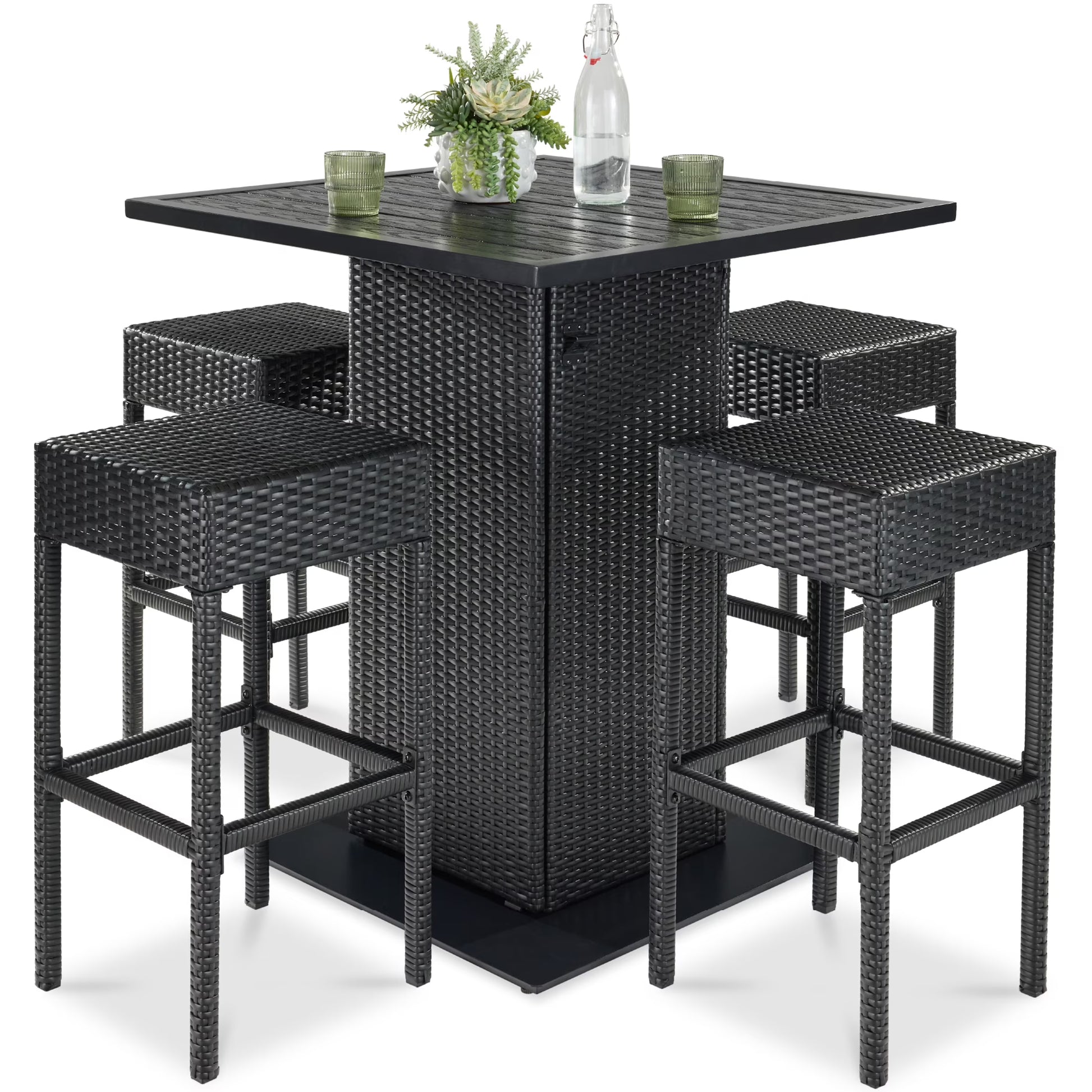 Best Choice Products 5-Piece Patio Wicker Bar Set w/Built-In Bottle Opener, Hidden Storage Shelf, 4 Stools - Brown