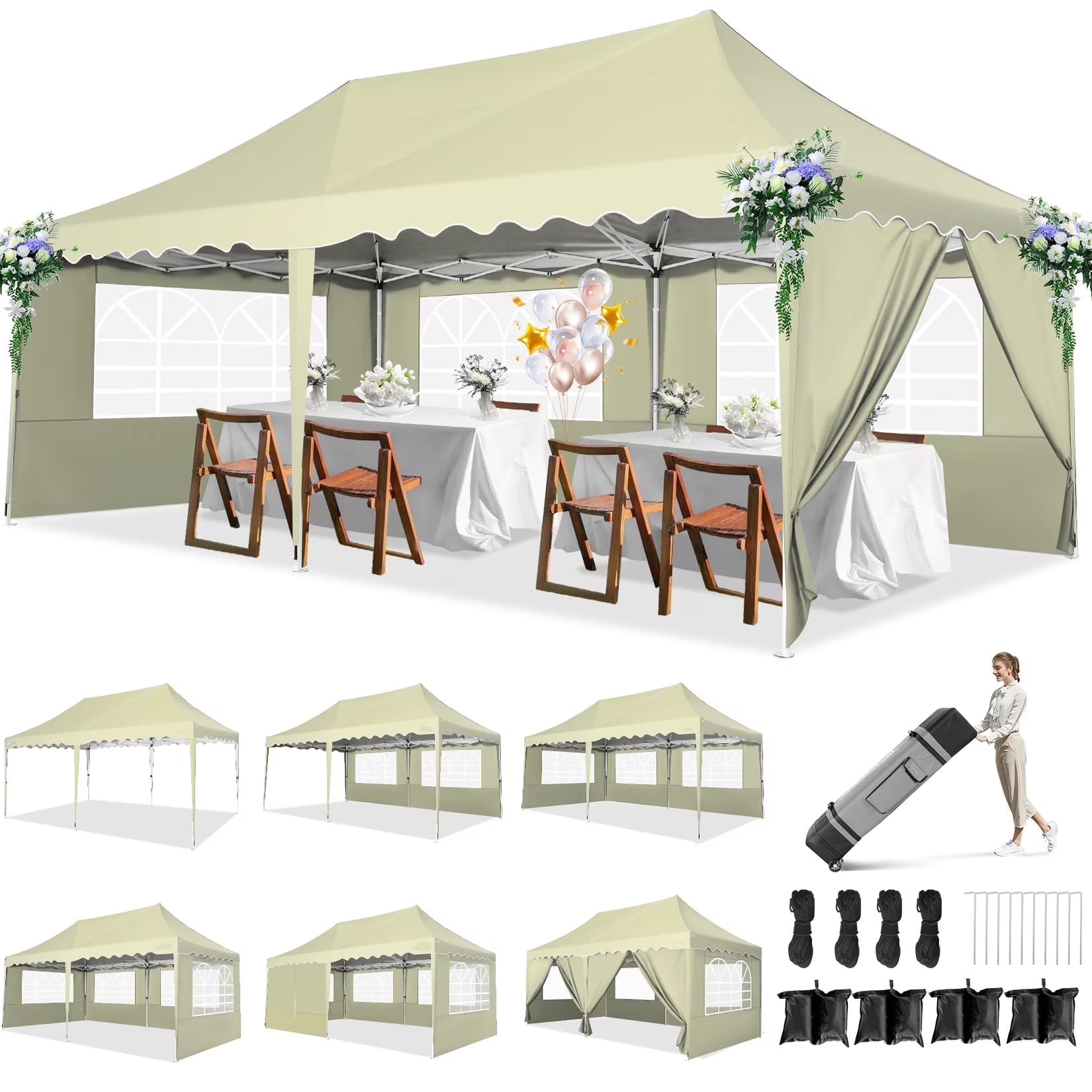 SANOPY 10'x 20' Pop up Canopy Tent, Commercial Heavy Duty Canopy with 6 Removable Side Walls Portable Shelter for Patio Picnic Gazebo Party Wedding, White