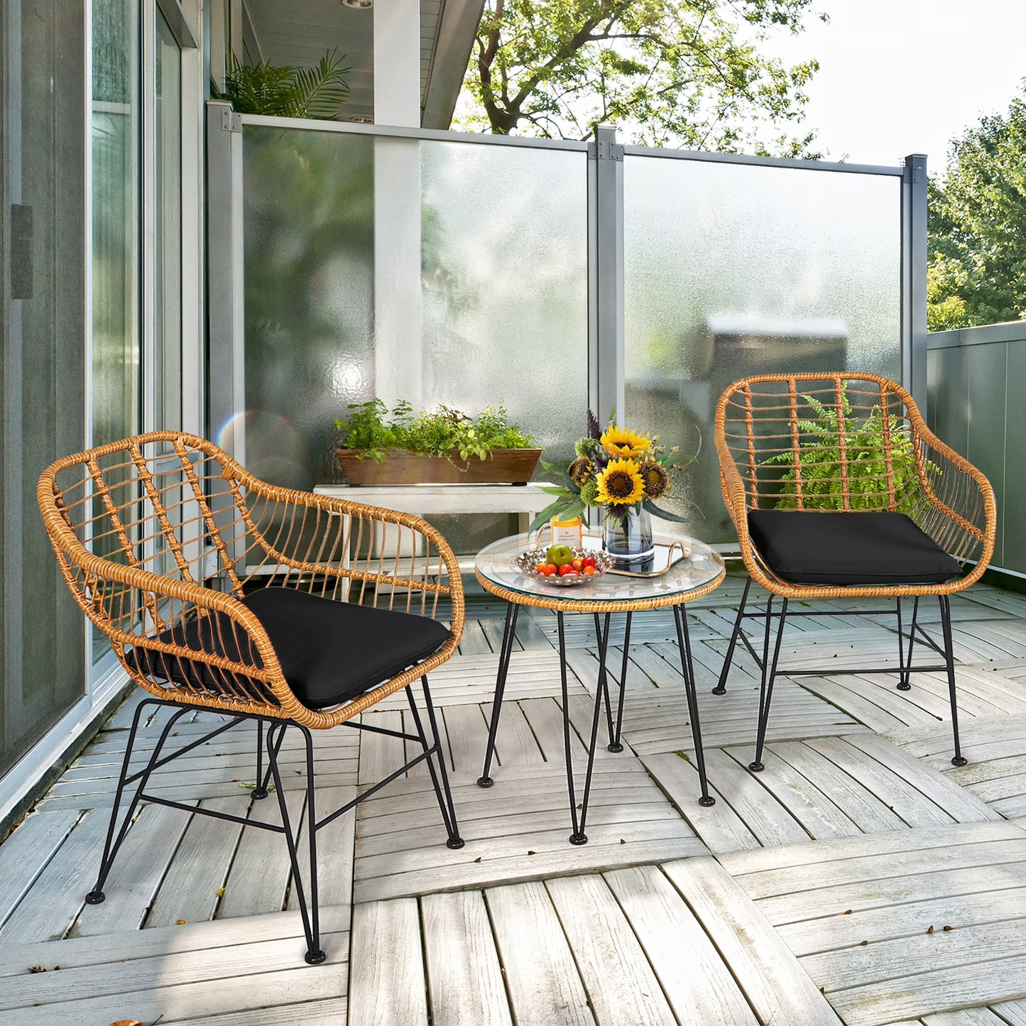 Costway 3PCS Patio Rattan Bistro Furniture Set Cushioned Chair Table Navy