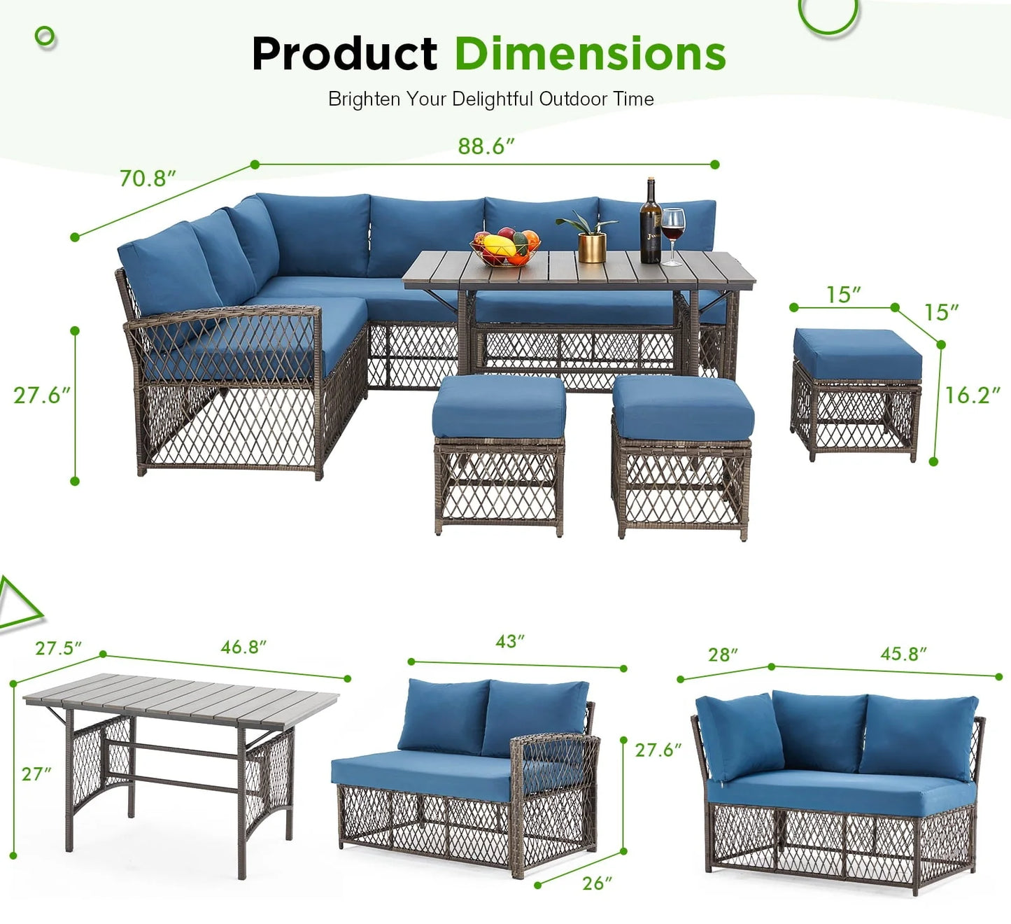 AECOJOY Outdoor Furniture Set, 7-Piece Rattan Wicker Sectional Sofa Couch, Patio Conversation Set with Dining Table & Chair in Navy