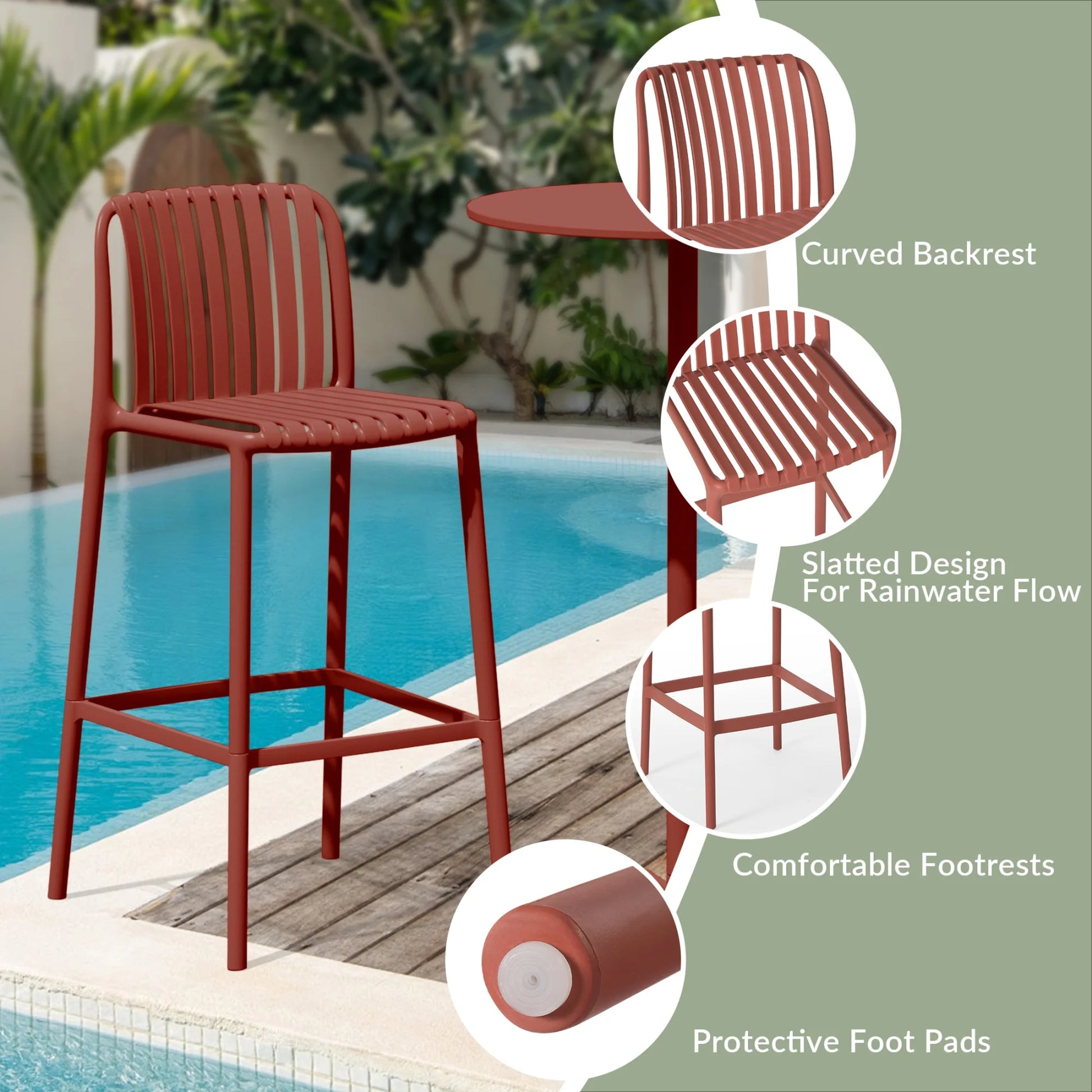 WestinTrends Playa 29.5" Outdoor Modern Polypropylene Plastic Patio Bar Height Stools (Set of 2), Red