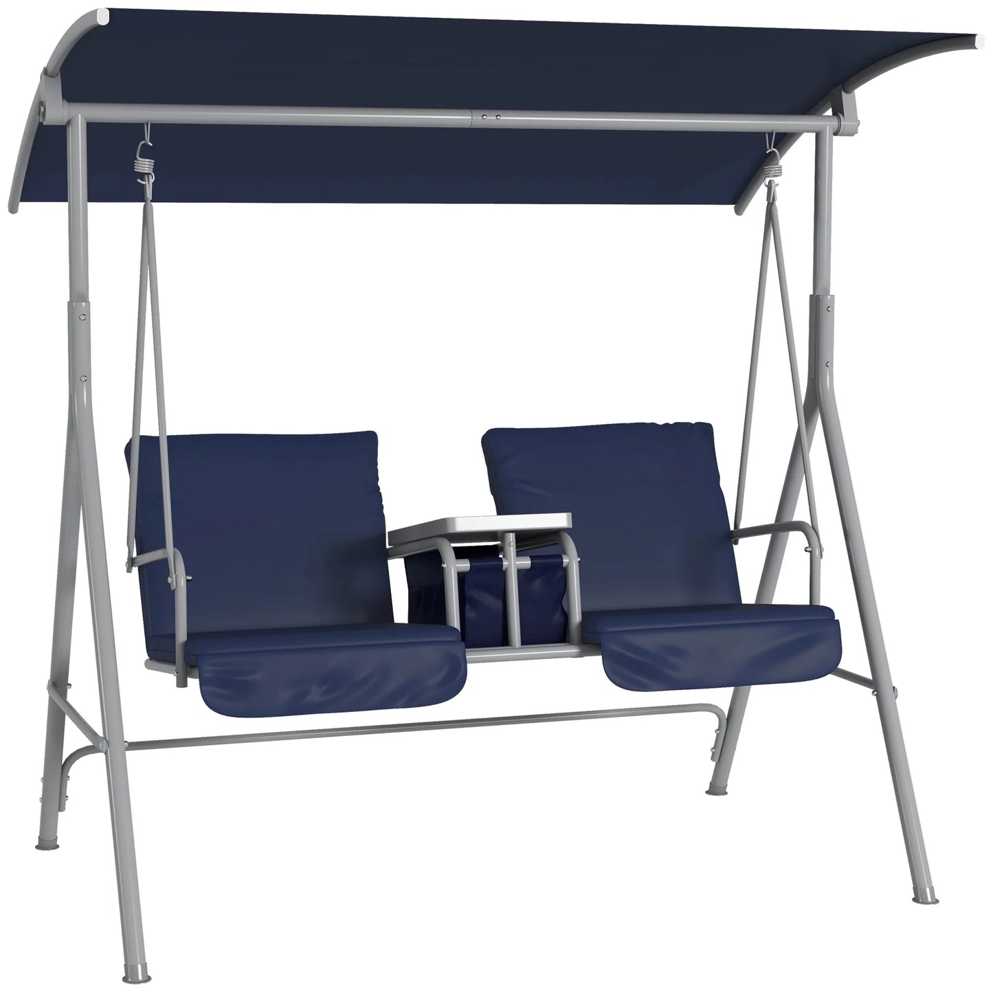 Outsunny 2 Person Porch Swing with Stand, Outdoor Swing with Canopy, Pivot Storage Table, 2 Cup Holders, Cushions for Patio, Backyard, Dark Blue