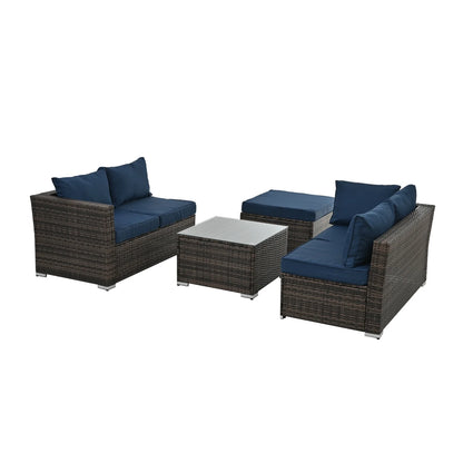 Highsound 4 Piece Outdoor Patio Furniture Sets, Wicker Conversation Set for Porch Deck, Gray Rattan Sofa Chair with Cushion, Blue