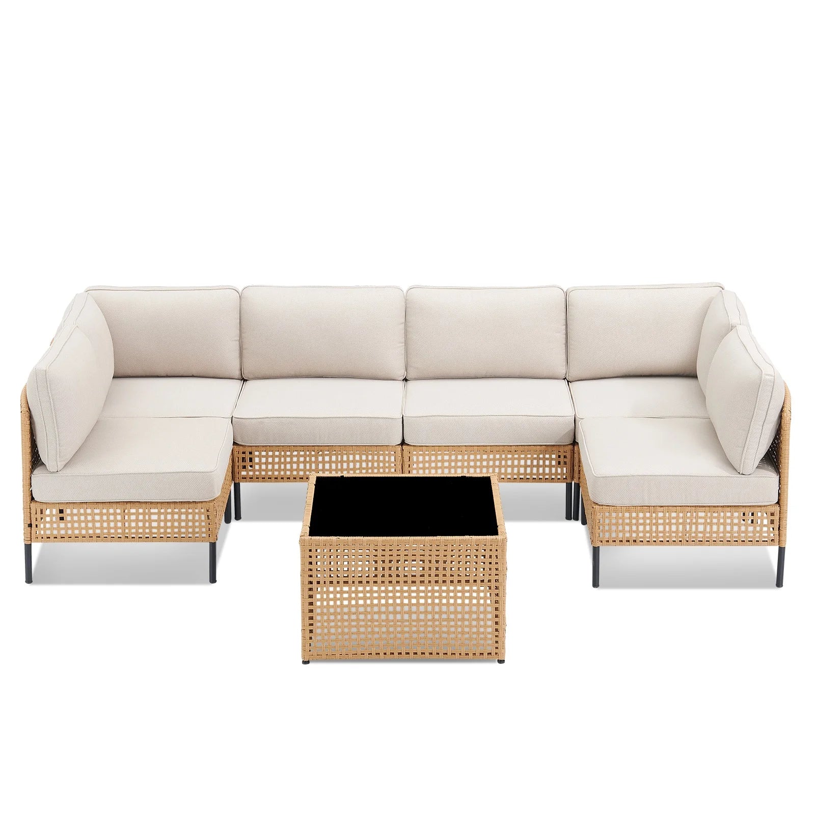 PPorfamilia Outdoor Modular Sectional Furniture Set, 7 Piece Natural PE Rattan Sofa Set with 2 Corner Chairs, 4 Middle Chairs, Side Table, and Beige Deep Seat Cushions, for Patio Backyard Deck