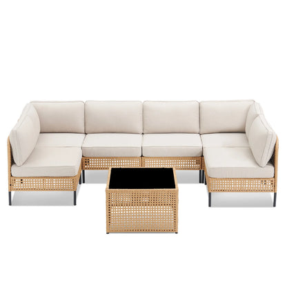 PPorfamilia Outdoor Modular Sectional Furniture Set, 7 Piece Natural PE Rattan Sofa Set with 2 Corner Chairs, 4 Middle Chairs, Side Table, and Beige Deep Seat Cushions, for Patio Backyard Deck