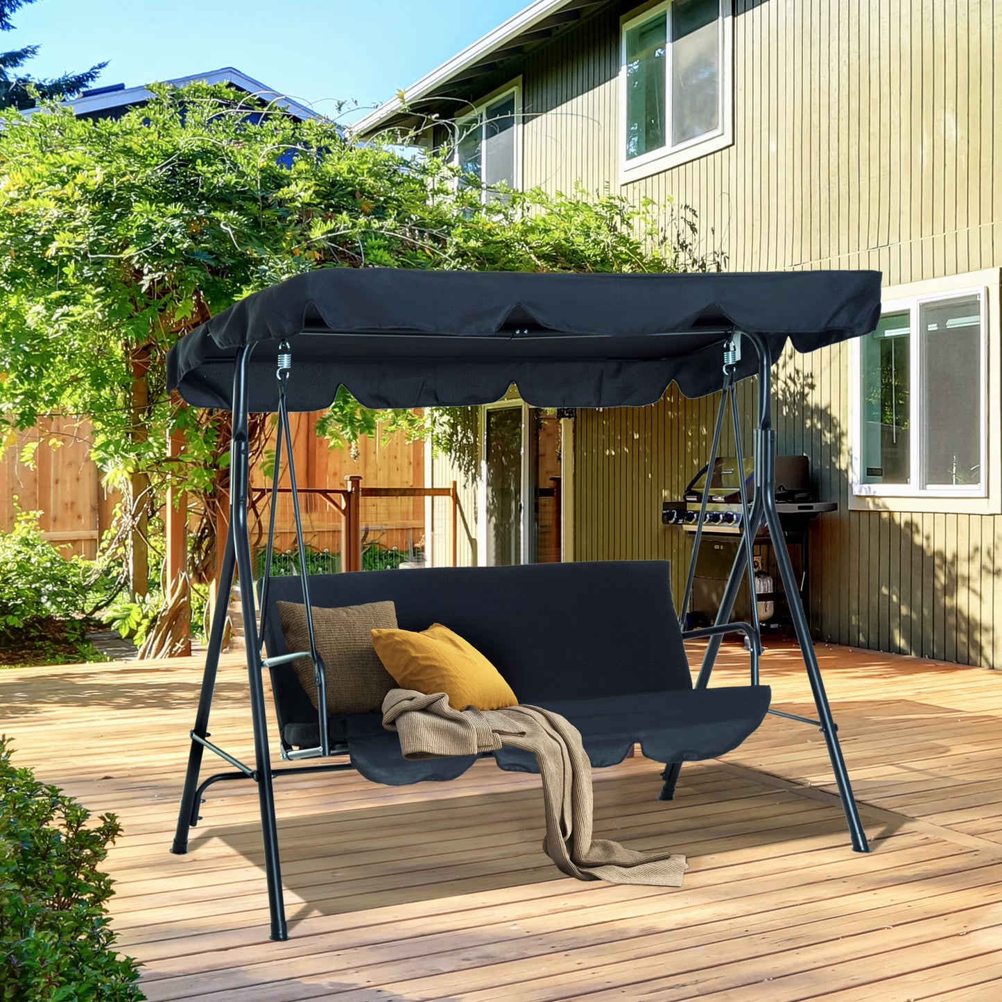 Outsunny 3-Seat Outdoor Patio Swing Chair with Removable Cushion, Steel Frame Stand and Adjustable Tilt Canopy for Patio, Garden, Poolside, Balcony, Backyard, Green