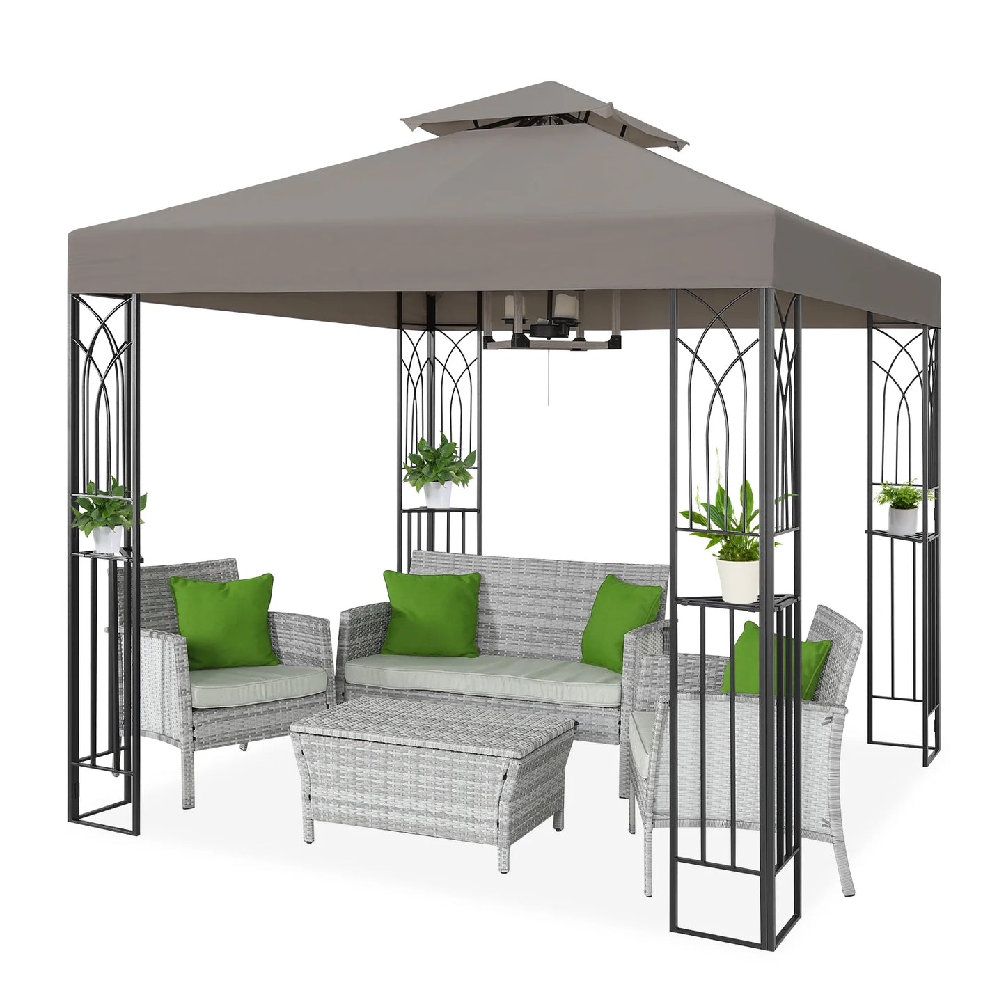 COOS BAY 8x8 Outdoor Patio Gazebo with Corner Shelves, Two-Tier Soft Top Canopy for Backyard, Lawn, Deck and Garden, Gray