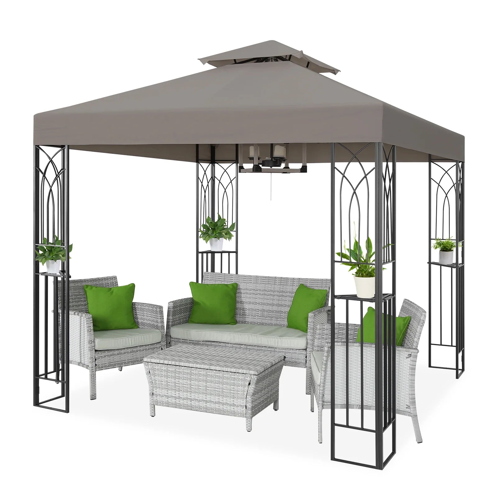 COOS BAY 8x8 Outdoor Patio Gazebo with Corner Shelves, Two-Tier Soft Top Canopy for Backyard, Lawn, Deck and Garden, Gray