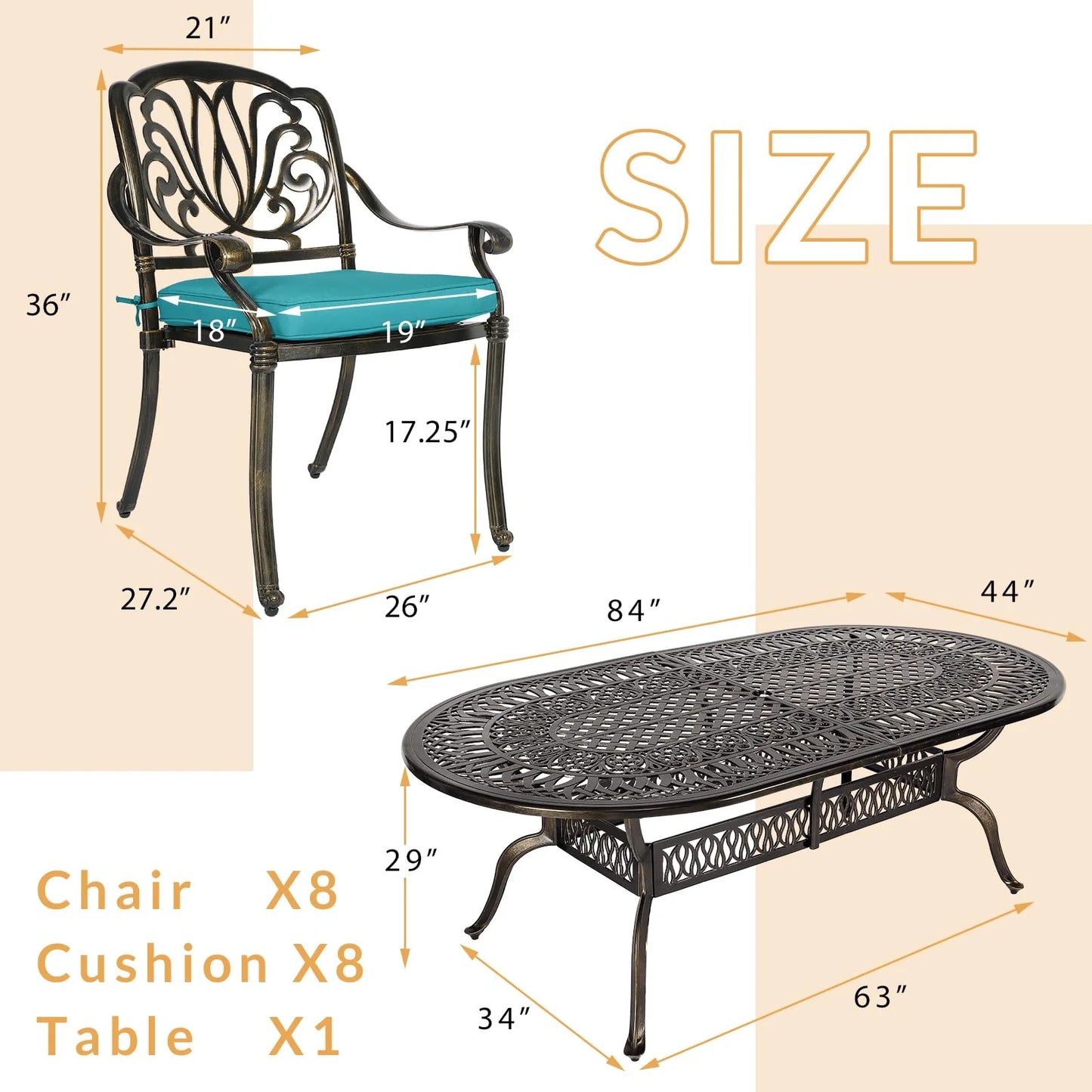9-Piece Patio Dining Set, Outdoor Patio Table and Chair Set of 84? Oval Cast Aluminum Dining Table with Umbrella Hole and 8 Outdoor Dining Cushion Chairs, Patio Funiture Set for Garden, Navy