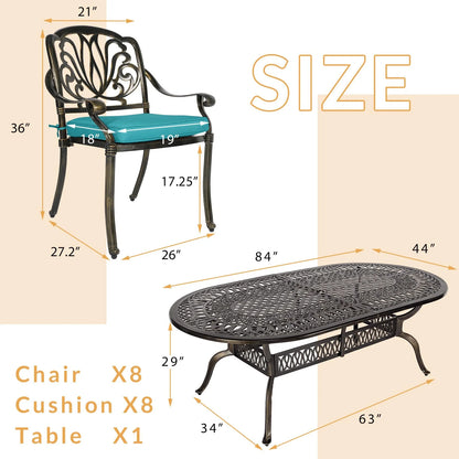 9-Piece Patio Dining Set, Outdoor Patio Table and Chair Set of 84? Oval Cast Aluminum Dining Table with Umbrella Hole and 8 Outdoor Dining Cushion Chairs, Patio Funiture Set for Garden, Navy