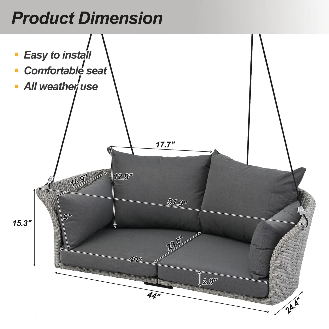 2-Person Porch Swing, 51.9" Patio Swing, Rattan Woven Porch Swings Outdoor with Ropes, Gray Wicker and 2 Back Cushions Capacity 500lbs for Garden, Balcony, Living Room