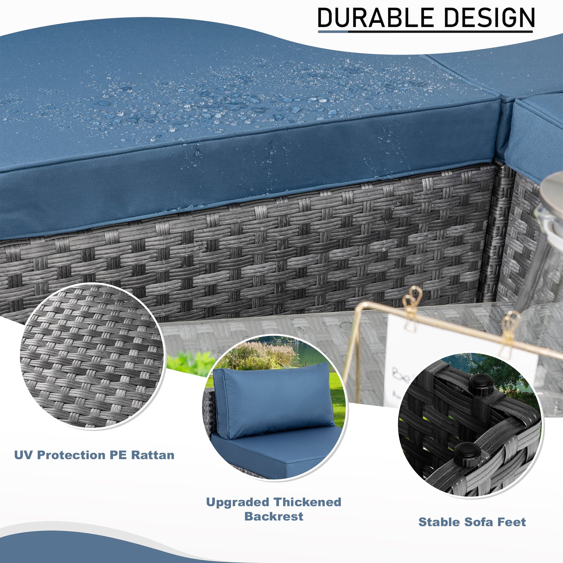 Walsunny 7 Piece Outdoor Patio Conversation Set, Rattan Sectional Sofa Set, All-Weather Outdoor Modern Sectional Furniture Wicker Couch with Glass Coffee Table,Navy Blue