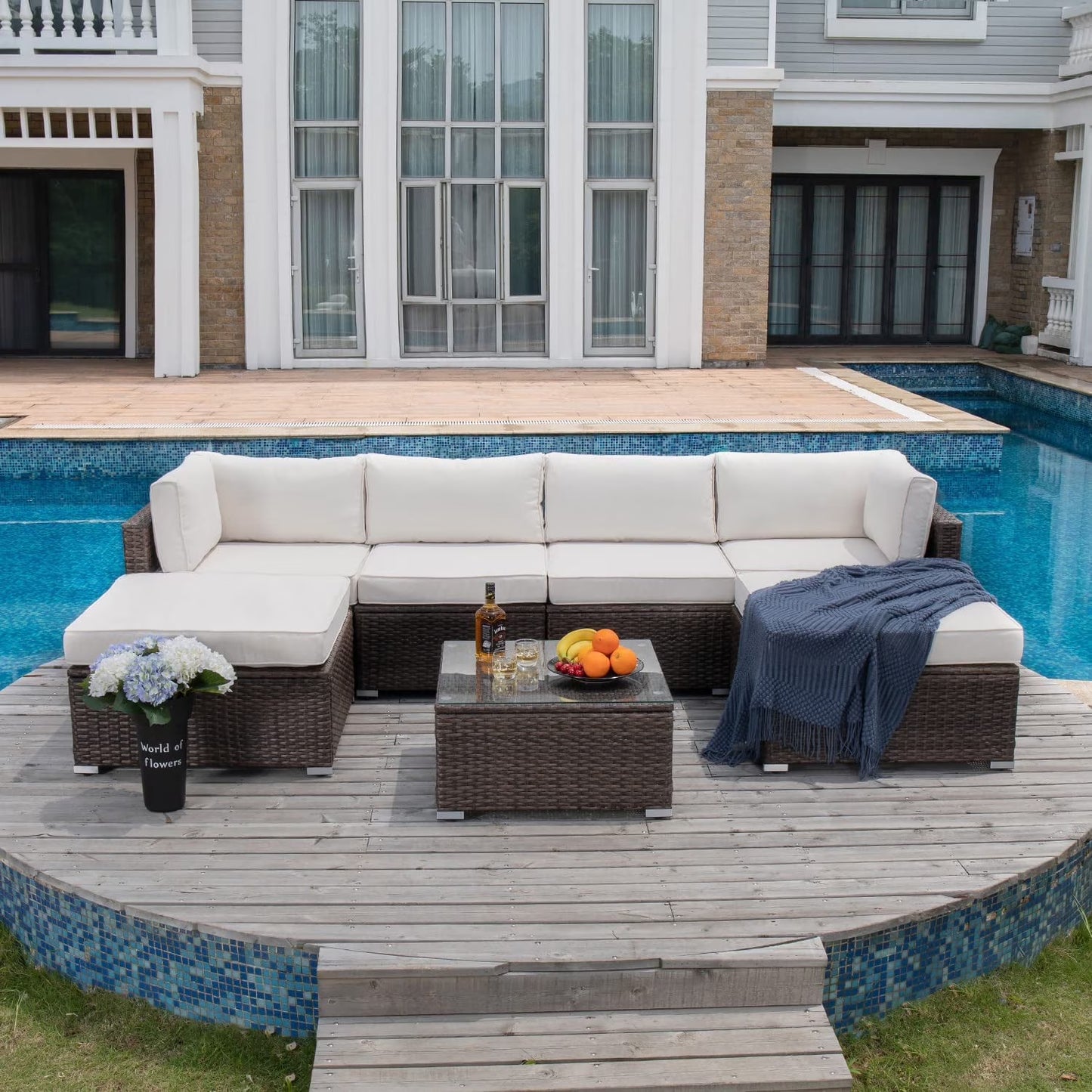 COSIEST 7-Piece Outdoor Patio Furniture Grey Wicker Sectional Sofa Set with Tempered Glass Coffee Table